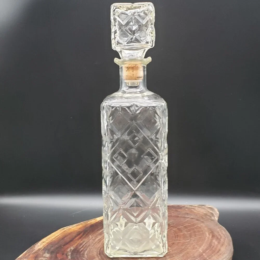 Vintage Square Cut Glass Decanter with Stopper Geometric Pattern Barware